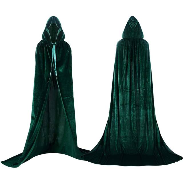 Proumhang Green Hooded Cloak Maxi Cape Velvet Adult Costume Grim Reaper Vampire Party Halloween Costumes 150 cm
