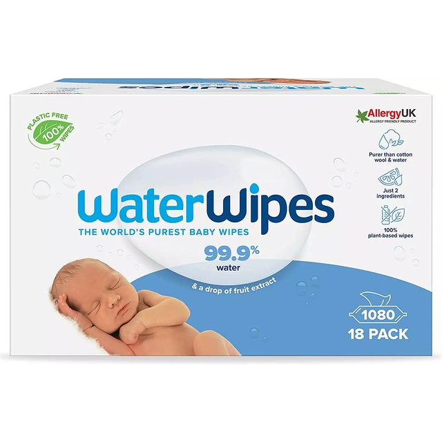 WaterWipes Plastic-Free Original Baby Wipes, 1,080 Wipes (18 Packs), 99.9% Water-Based Cleaning Wipes, Unscented for Sensitive Skin