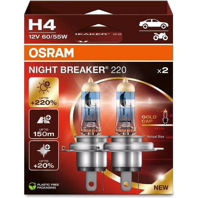 Kit med 2 Osram NIGHT BREAKER® 220 H4 bilhalogenlampor 64193NB220-2HB
