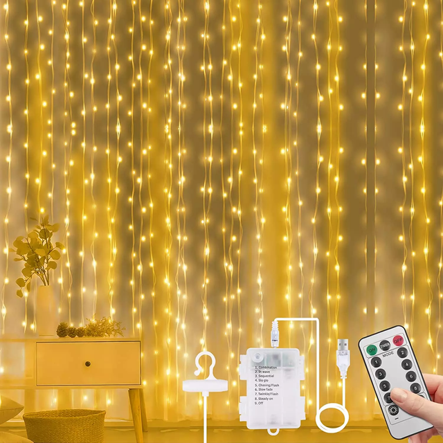 Vicloon Curtain Fairy Lights, 300 LED Warm White Curtain Lights, 3m 8 Mode Waterproof Window String Lights USB & Battery Powered with Remote Cont