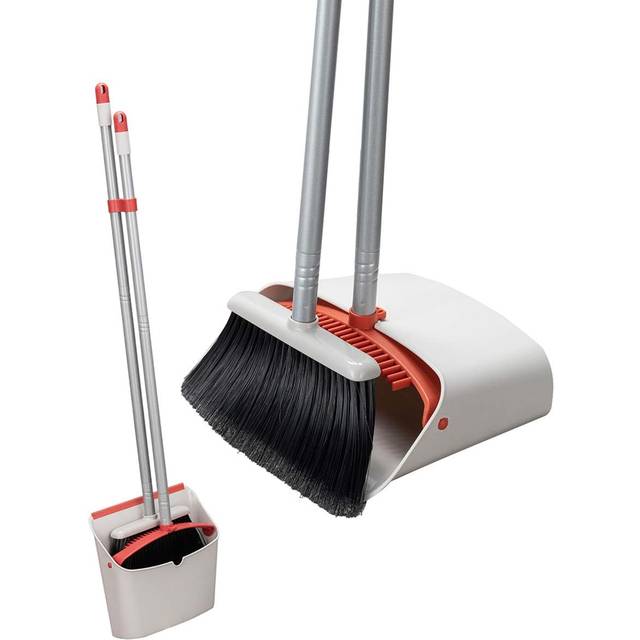 Broom and Dustpan Set, Sweeper and Dust pan Combo with 54 Inch Long Handle for Household Cleaning Sweeping, Red and White