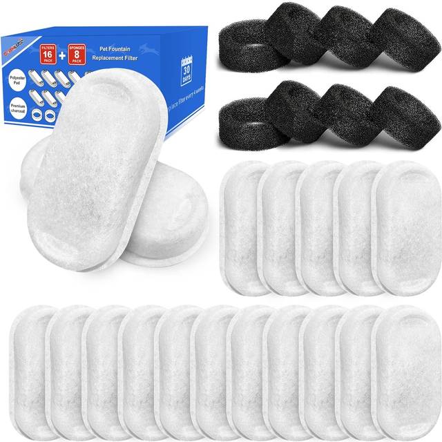 Replacement Filter for TOMXCUTE Stainless Steel Cat Water Fountain, 16 pcs Carbon Filter & 8 pcs Pre-Filter Sponge