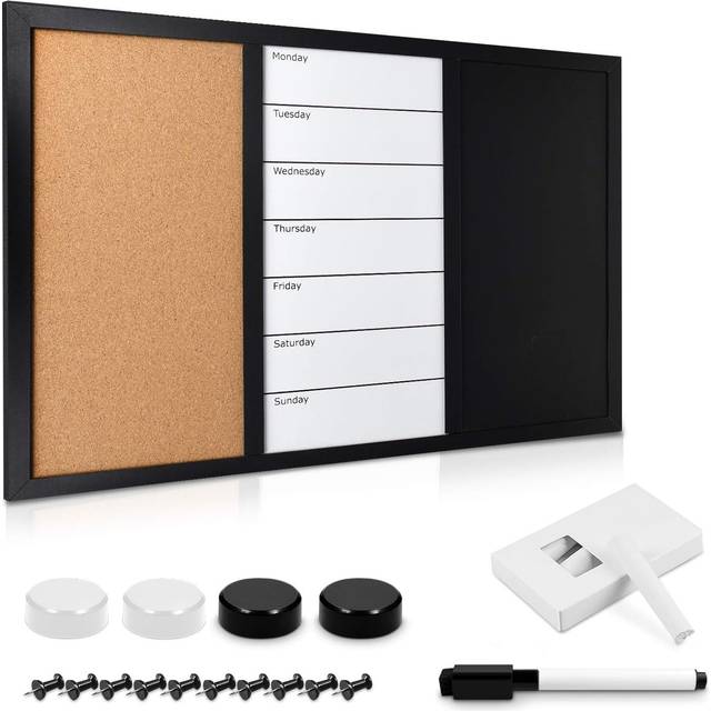 Combination Board CorkWhiteboardChalkboard 60 x 40 cm Magnetic Memo Notice Board with Frame Includes Chalk Push Pins Marker Magnets