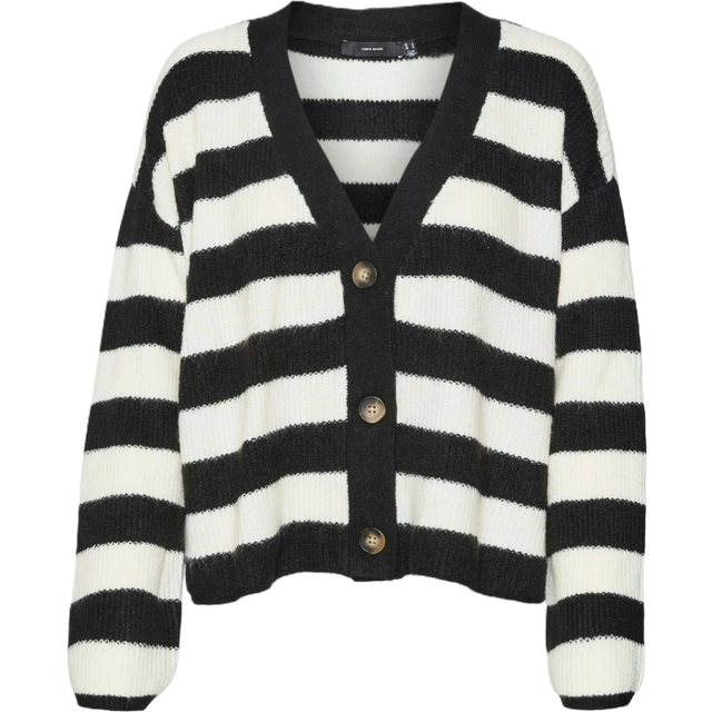 VERO MODA Damer Vmnatahlie Ls V-NCK Button Card Ga Noos tröja, Svart/detalj: små ränder björk, XS