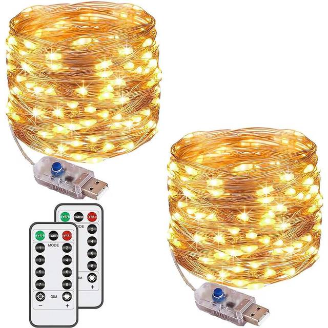 [2-pack] Ljusslingor, 120 LED-lampor, 12 m (40 fot), 8 lägen, USB-plug-in-lampor, vattentäta, för utomhus/inomhus, kopparljusslingor med fjärrtimer för sovrum, fest, bröllop eller jul (varmvit)