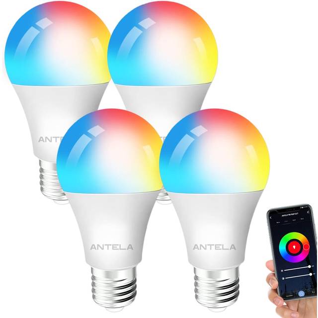 ANTELA Smart WiFi Light Bulb E27, 10W LED Multicolored Dimmable Bulb, App Control Compatible with Alexa, Google Home, No Hub Required, 4 Packs