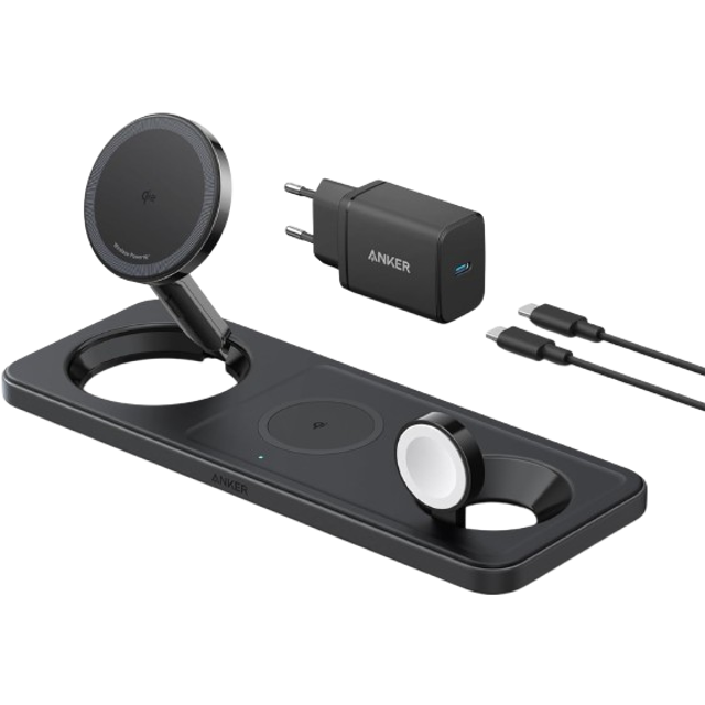 Anker Vikbar 3-i-1 trådlös laddningsstation, Qi2-certifierad, 15 W trådlös laddare för iPhone Series 16 15 14 och 13, AirPods Pro, Apple Watch Ultra (inklusive USB-C-laddare och kabel)