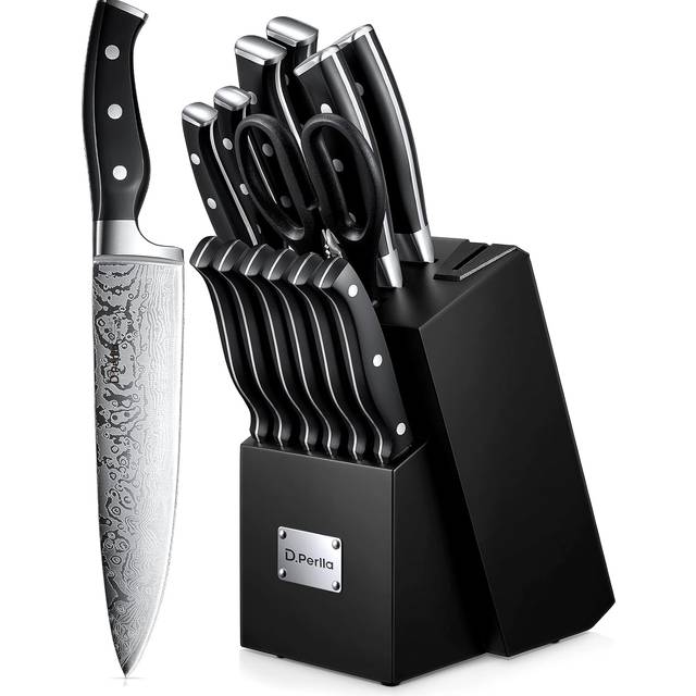 D.Perlla Knife Set, 14 Pieces Kitchen Knives Set with Self Sharpening Wooden Block, German Stainless Steel Knife Block Set with Steak Knives, Black