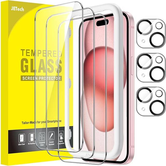 JETech Skärmskydd för iPhone 15 6,1 Tum med Kameralinsskydd, Bubbelfri, Enkelt Installation Verktyg, Screen Protector Härdat Glas Film, HD Klar, 3-Pack Varje