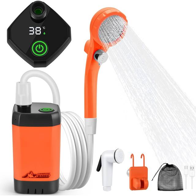 WADEO Uppgraderad Bärbar Dusch, Campingdusch med Uppladdningsbart 4500mAh Batteri & Sjunkande Bottendesign, Utomhusdusch med Intelligent Digital Display, Perfekt för Vandring, Hunddusch och Biltvätt