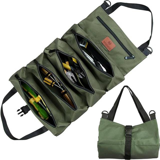 Tool Roll Bag, Canvas Tool Bag, Multi-Purpose Tools Box Organiser with 5 Zip Pockets, Ideal for Plumbers, Craftsmen and Electricians (ArmyGreen)