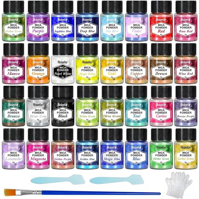 Mica Powder, 32 Colours x 5 g Pearlescent Epoxy Resin Pigment Metallic Powder for Soap Paint, Jewellery Making, Nail Polish, Epoxy Resin, Candle