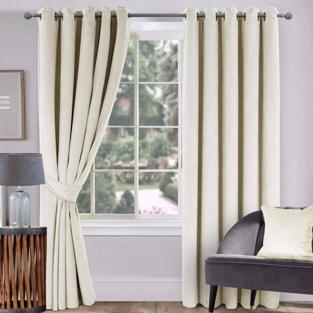 Home Curtains Montreal Pair of Velour Thermal Interlined Eyelet Curtains - Natural