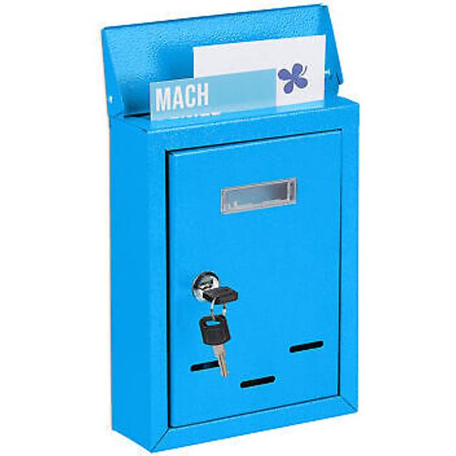 Relaxdays - Letter Box with Name Plate, Metal, Lockable, 2 Keys, Post Box, hwd: 26.5 x 19 x 6.5 cm, Wall-Mounted, Blue