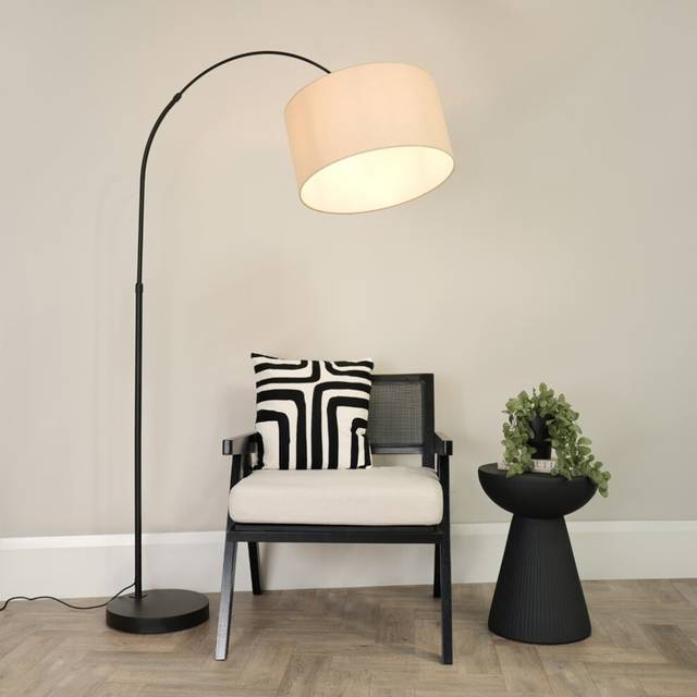 ValueLights Louis Natural Fabric Drum Shade Black Curved LED Floor Lamp - 180 x 45 x 105cm