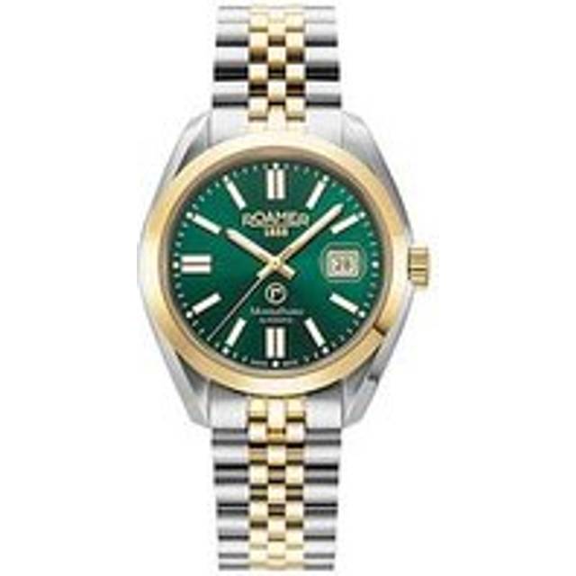 Roamer Swiss Made Montalbano Men's Automatic Watch with Green dial in a Gold IP Two Tone Stainless Steel Case and Bracelet with Date Feature, Green, Men