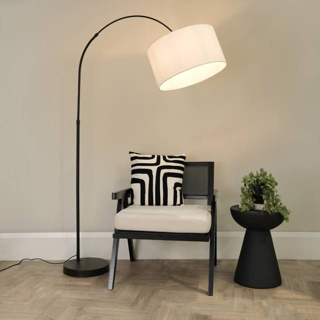 Louis Black Arched Curved Floor Lamp with Fabric Drum Lamp Shade and LED Bulb - White - One Size