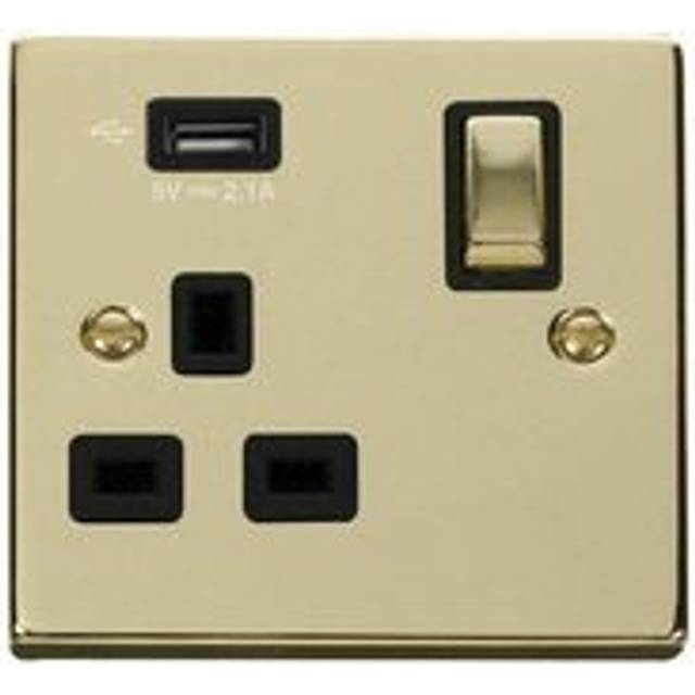 Polished Brass 1 Gang 13A dp Ingot 1 usb Switched Plug Socket - Black Trim Se Home