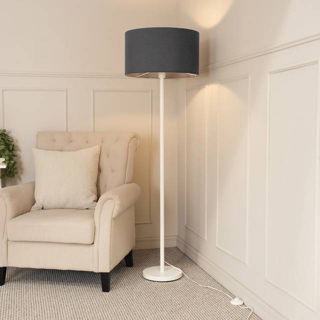 Charlie White Single Stem Floor Lamp with Fabric Drum Lamp Shade and LED Bulb - Charcoal - One Size
