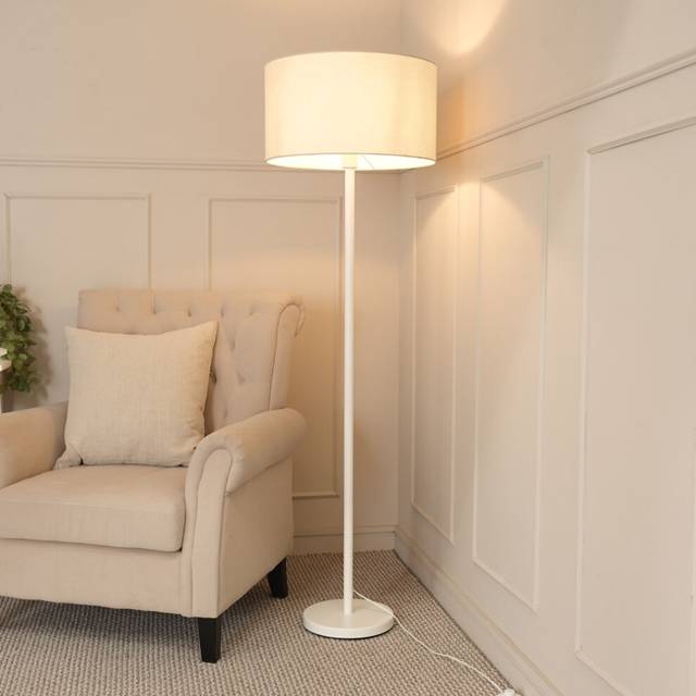 ValueLights Charlie White Drum Shade White Single Stem LED Floor Lamp - 148 x 45 x 45cm