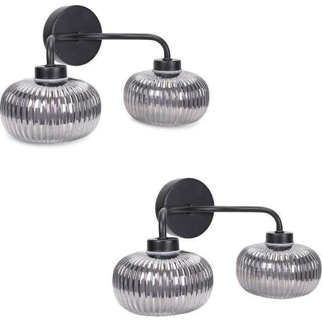 Valuelights - Amaia Matte Black IP44 Rated 2 Way Smoked Ribbed Glass Wall Light with led Bulbs