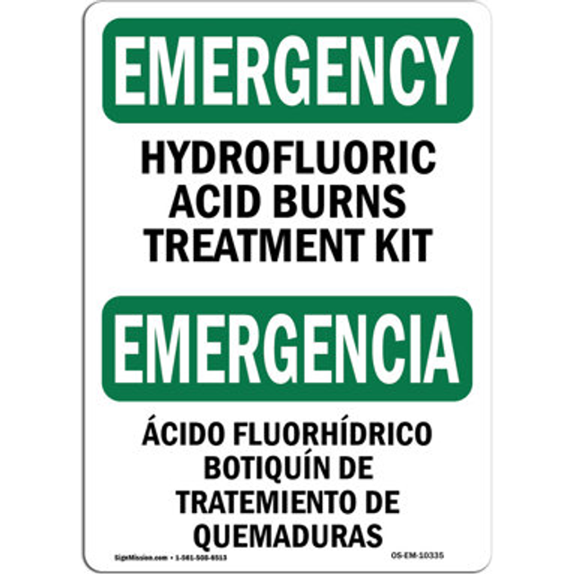 SignMission OS-EM-A-1218-L-10335 12 x 18 in. OSHA Emergency Sign - Hydrofluoric Acid Burns Kit Bilingual