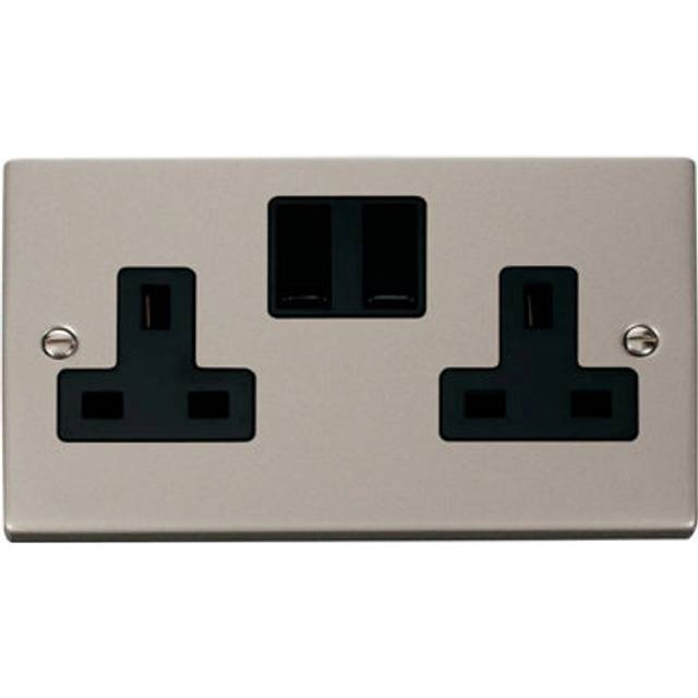 Pearl Nickel 2 Gang 13A Twin Double Switched Plug Socket - Black Trim - SE Home