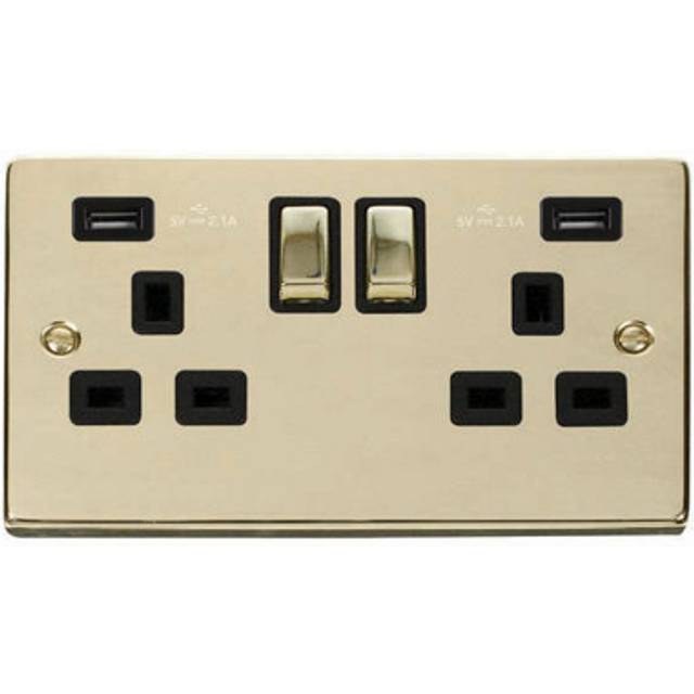 Polished Brass 2 Gang 13A dp Ingot 2 usb Twin Double Switched Plug Socket - Black Trim Se Home