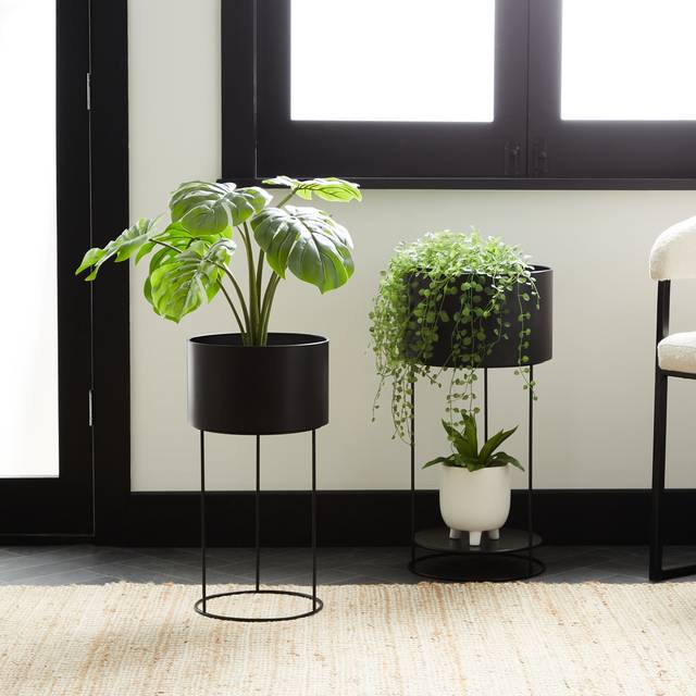 Set of 2 Large Metal Plant Stands - Black