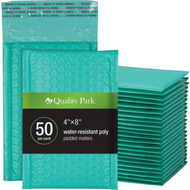 Quality Park Bubble Mailers  4 x 8 Shipping Envelopes  Self-Seal  Small Teal Padded Envelopes  Redi-Strip Peel Off Closure  50 Per Box (QUA85915)