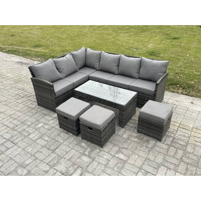 9 Seater Outdoor Rattan Garden Furniture Set Corner Sofa Oblong Coffee Table Sets with Patio 3 Small Footstools Dark Grey Mixed - One Size