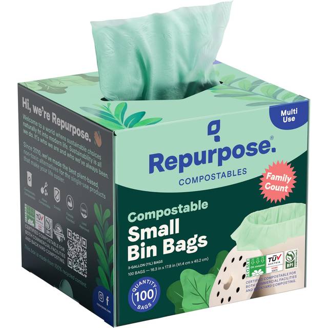 Repurpose 3 Gallon Compostable Small Bin Trash Bags  100 Bags  BPI Certified  Leak-Proof  FDA Approved  Recyclable Packaging