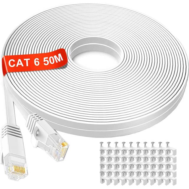 Ethernet Cable 50m Outdoor Indoor, Extra Long Internet Cable 50 meter Cat 6 Flat High Speed Network Cable, Gigabit Broadband RJ45 LAN Cable, White