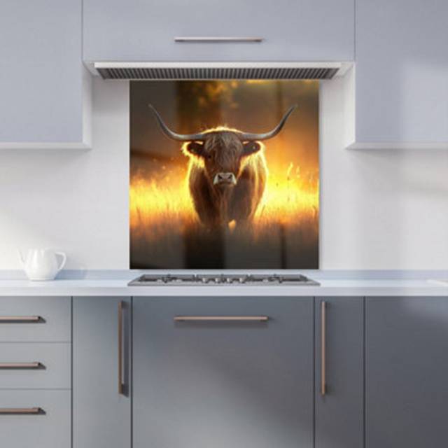 Warren Reed - Designer Highland Cow Sunset Kitchen Splashback W600Mm X H600Mm, Multi