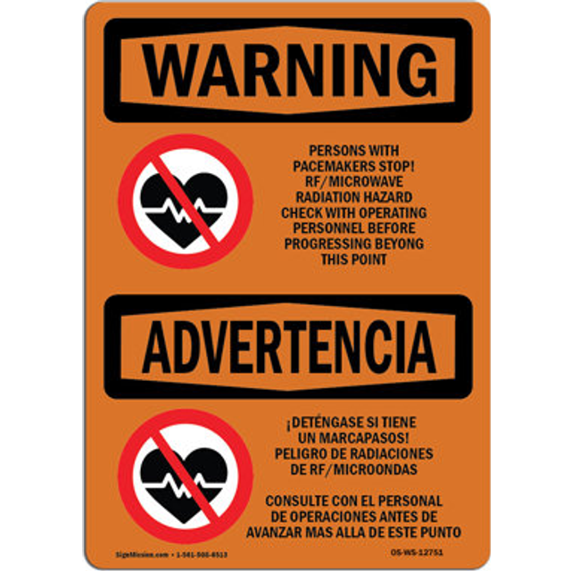 SignMission OS-WS-A-1218-L-12751 12 x 18 in. OSHA Warning Sign - Pacemakers Stop Rf Microwave Bilingual