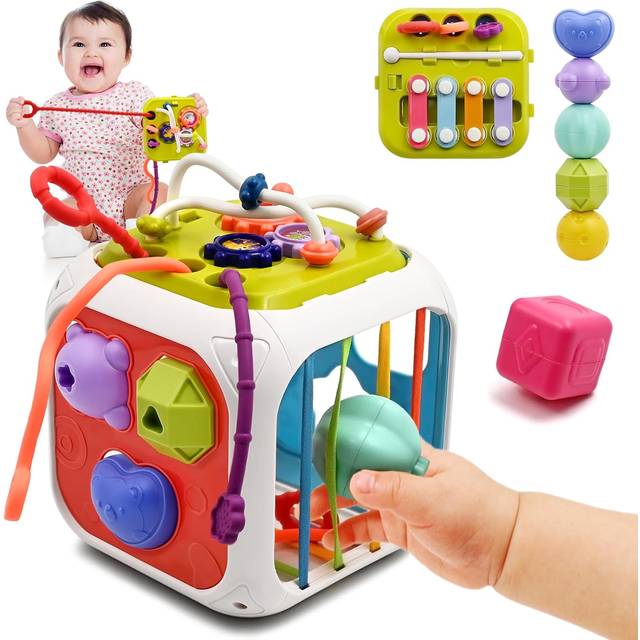 Babyleksaker 6 till 12 18 månader, sensoriska Montessorileksaker för 1 2-årig flickagåvor, 7 i 1 multifunktionella pedagogiska leksaker med formsorterare, staplingsblock för småbarns födelsedag