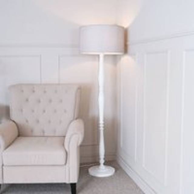 Victoria White Wood Traditional Floor Lamp with Fabric Drum Shade and LED Bulb - Grey - One Size