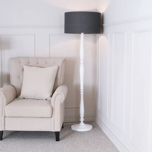 Victoria White Wood Traditional Floor Lamp with Fabric Drum Shade and LED Bulb - Charcoal - One Size