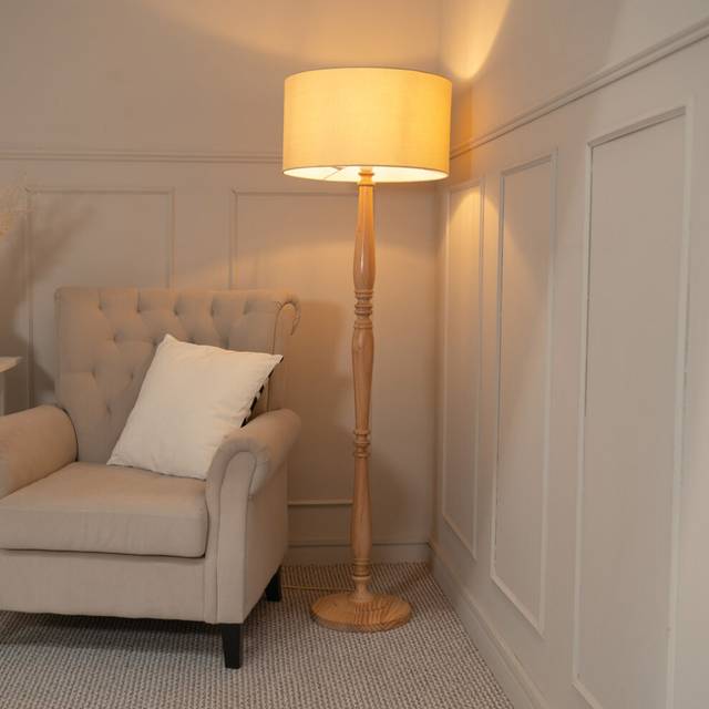 Victoria Light Wood Traditional Floor Lamp with Fabric Drum Shade and LED Bulb - Natural - One Size