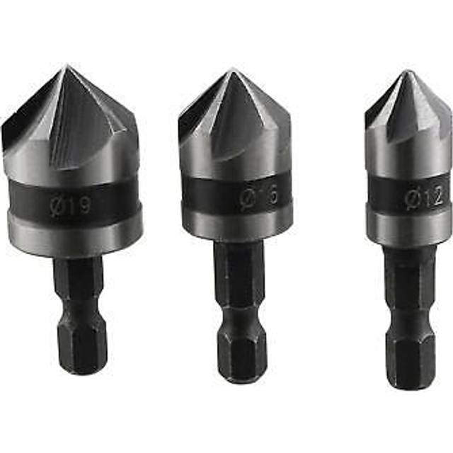 Countersink Drill Bit Set 12 16 19mm Dia Hex Shank 90 Degree 5 Flute Chamfer 3pc