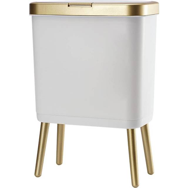 Plastic Garbage Can, 4 Gal Gold Trash Bin with Push Button, Narrow White Waste Basket for Bedroom, Bathroom, Living Room,Office