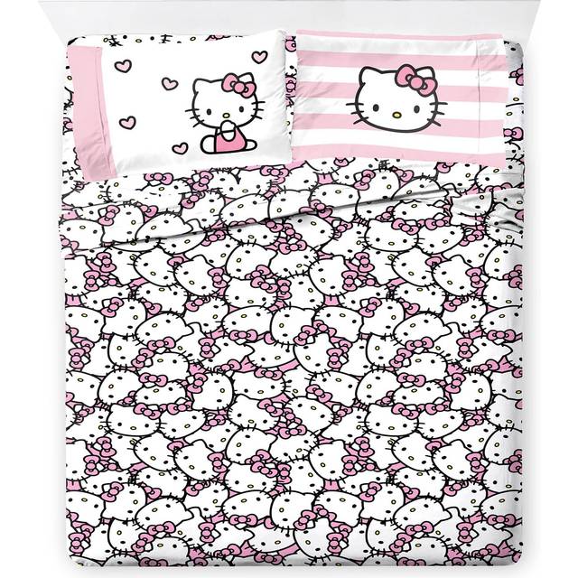Jay Franco Hello Kitty Pink Stripes & Hearts Full Size Sheet Set - Super Soft 4 Piece Bedding Set - Microfiber Sheets Includes Reversible Pillow Cover