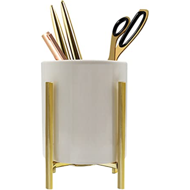 (Gold) Gold Pencil Cup Sturdy Pencil Holder Metal Frame with White Ceramic Desk