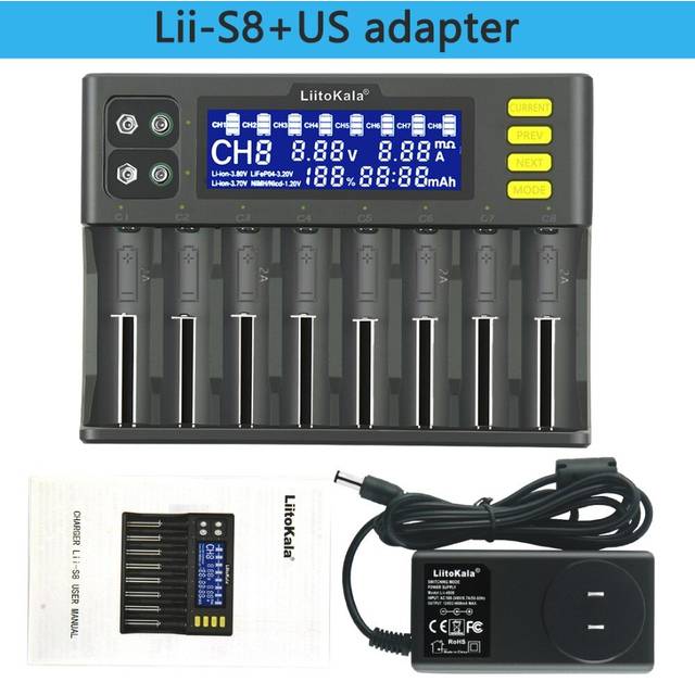 Liitokala lii -s8 batteriladdare li-ion 3.7v nimh 1.2v li-fepo 4 3.2v imr 3.8v laddare för 18650 26650 21700 26700 aa aaa - Us-adapter