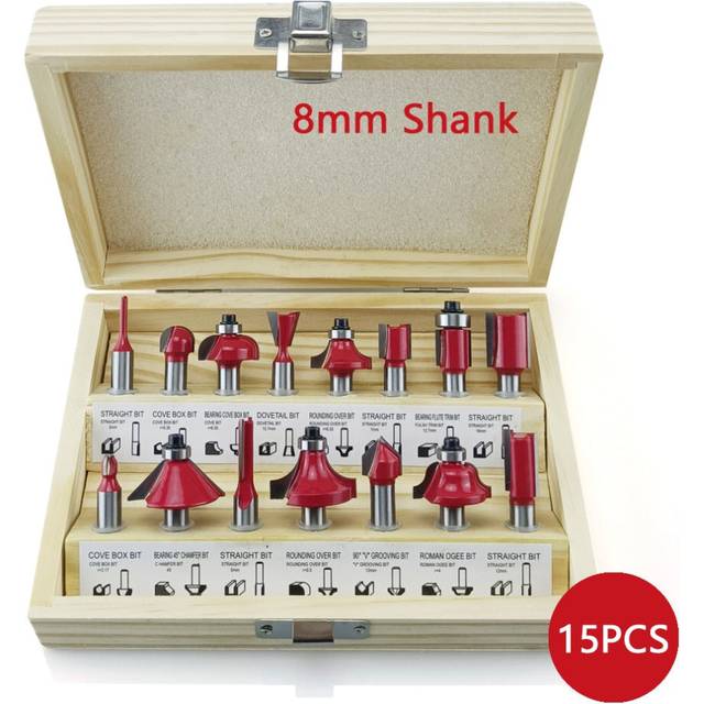 15Pcs 8mm Shank Router Bit Set Wood Milling Cutter Wood Cutters Bearings Wooden for Trimming Straight Cutting Woodworking Tools