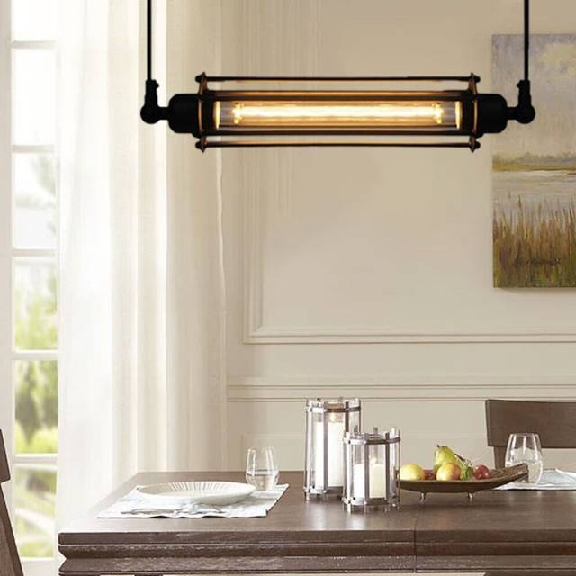 "LED Pendant Light Long 17.5"" Tube Cage Black or Brass Cage Edison Hanging Bar Pendant - Black Wire Ceiling Fixture Industrial Lighting"