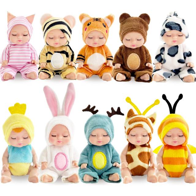 Haawooky 10 Pcs Mini Baby Dolls 4 inch Lifelike Realistic Baby Dolls with Animal Clothes Cute Small Baby Doll for Girls Kids Easter Basket Valentine B