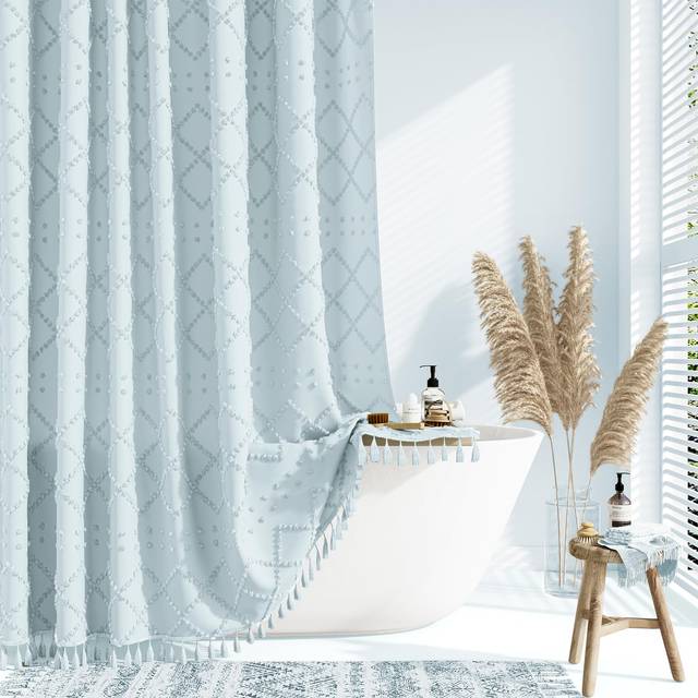Dynamene Fog Blue Fabric Shower Curtain  Boho Tufted Geometric Striped Tassel Shower Curtain for Bathroom  Shabby Chic Textured Farmhouse Waterproof C