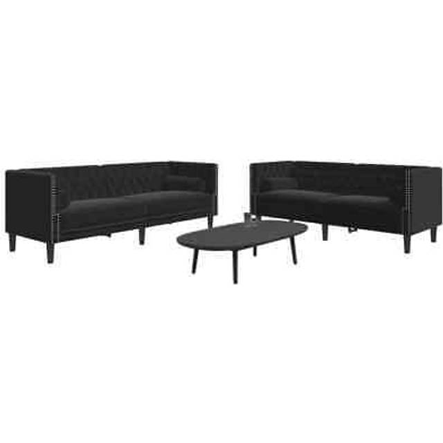 Soffgrupp chesterfield 2 delar bolsterkuddar svart sammet