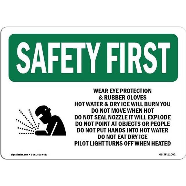 SignMission OS-SF-D-35-L-11002 OSHA Safety First Sign - Wear Eye Protection & Rubber with Symbol